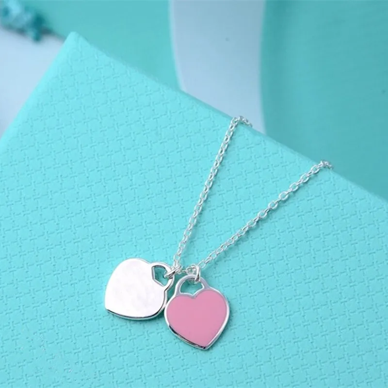 

S925 Sterling Silver 1:1 Enamel Double Heart Women's Necklace Gift For Girlfriend 2021 Trend Jewelry Fashion