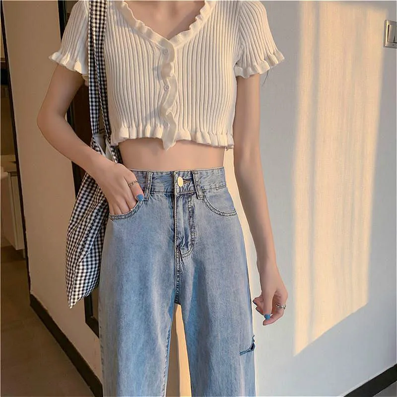 

Jeans Women Holes Harajuku Chic Vintage Loose Fur-line Straight Trousers Female Stylish Students Ulzzang All-match High Waist