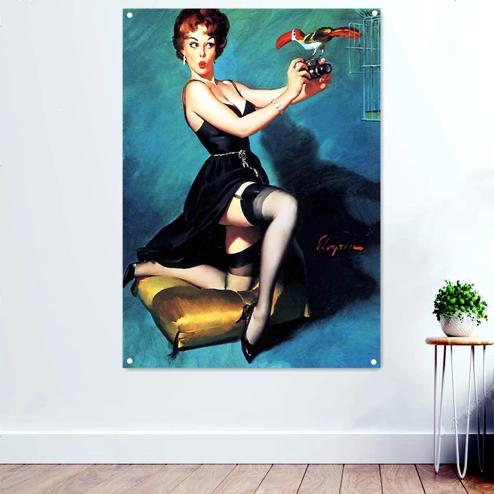 

Vintage Pin Up Art Posters Canvas Paintings Flag Mural Home Decoration Half-naked Beauty Portrait Banner Hanging on The Wall F6