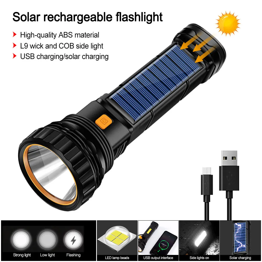 

Powerful Solar Charging Flashlight 3 Mode USB Rechargeable Torch Outdoor Camping Flashligh Waterproof Flashlight Emergency Torch