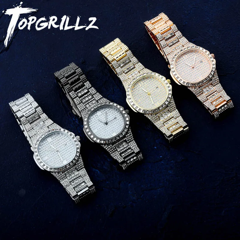 Часы TOPGRILLZ Iced Out Diamond кварцевые часы из нержавеющей стали золотого и серебряного