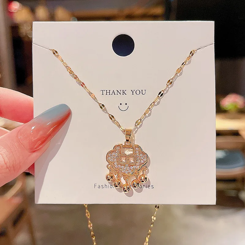 

Inlaid long life lock pendant titanium steel necklace female fashion clavicle chain butterfly necklace wholesale goth jewelry