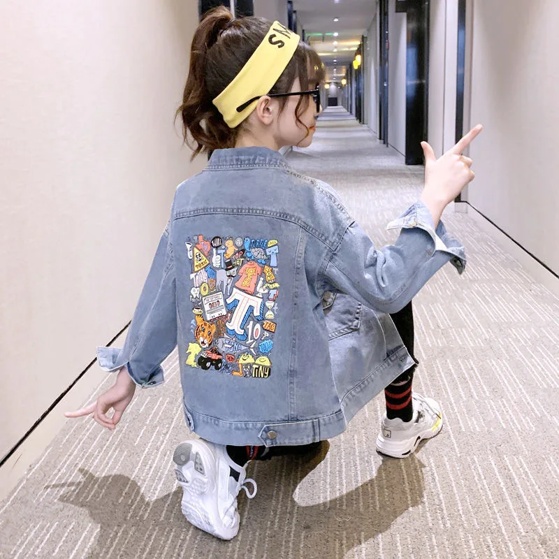 

Children's Girls Denim Jacket Spring and Autumn Models 2021 New Kids Fashion Printing Cartoon Casual Clothes GJ02