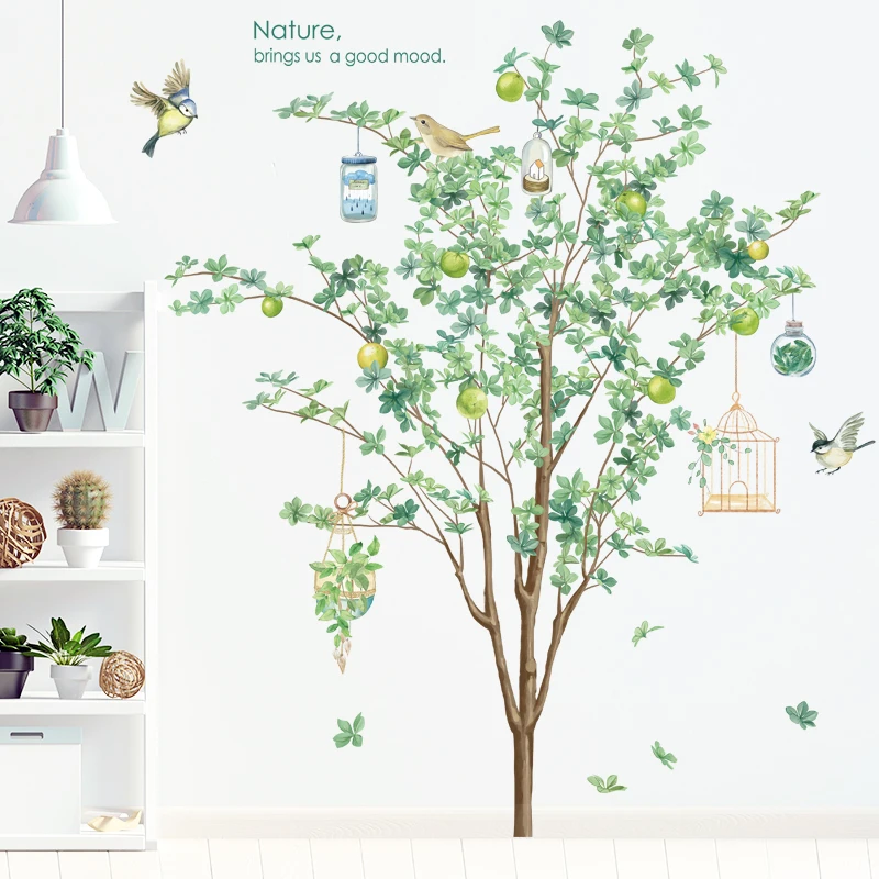 

Living Room Wall Stickers Home Wall Decor Green Tree Wall Sticker Vinyl Poster Spring Birds Wall Decal Removable Wall Sticker