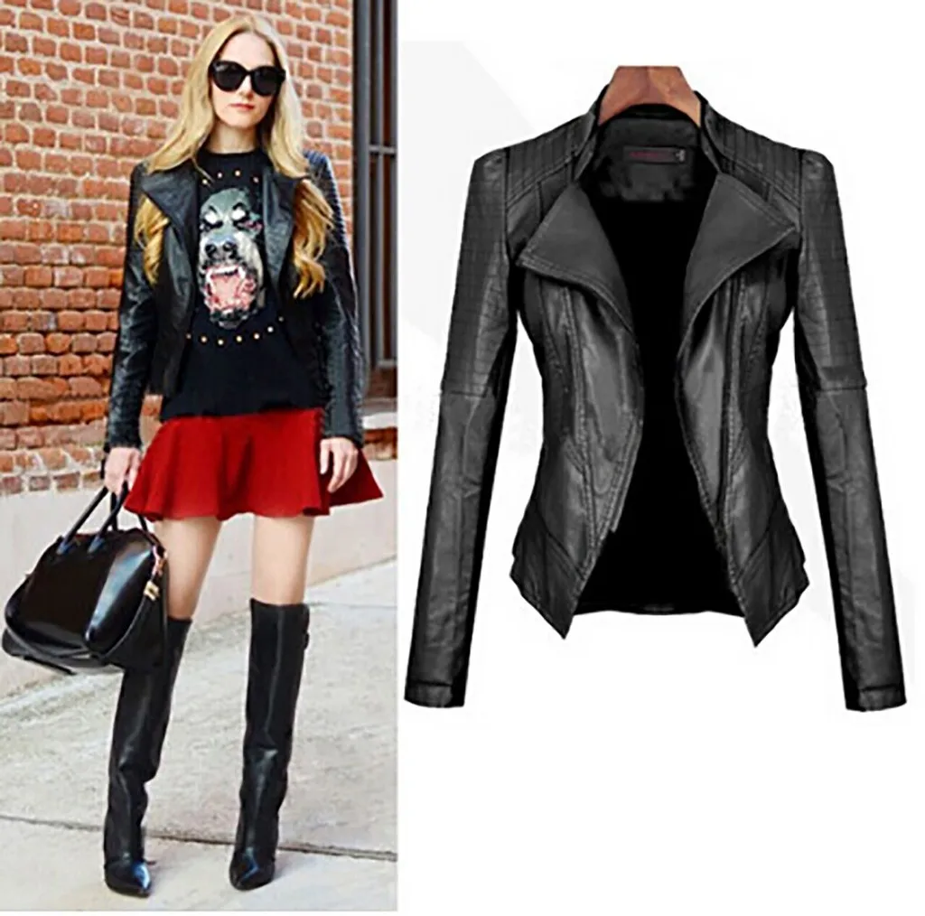 Кожаная женская куртка тонкая короткая сексуальная с отворотом черная длинным