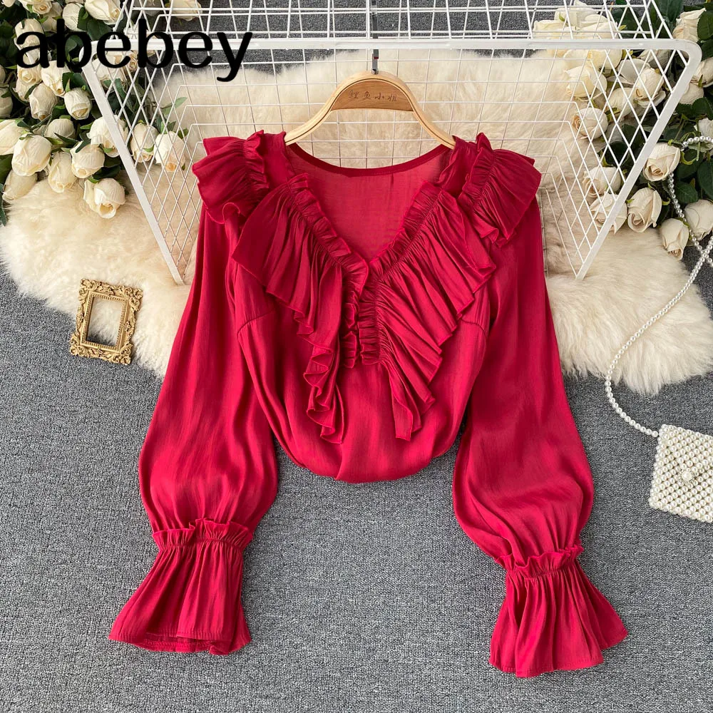 

Женская блузка с оборками, Повседневная Свободная блузка с V-образным вырезом и длинным рукавом, в Корейском стиле, весна-осень 2021