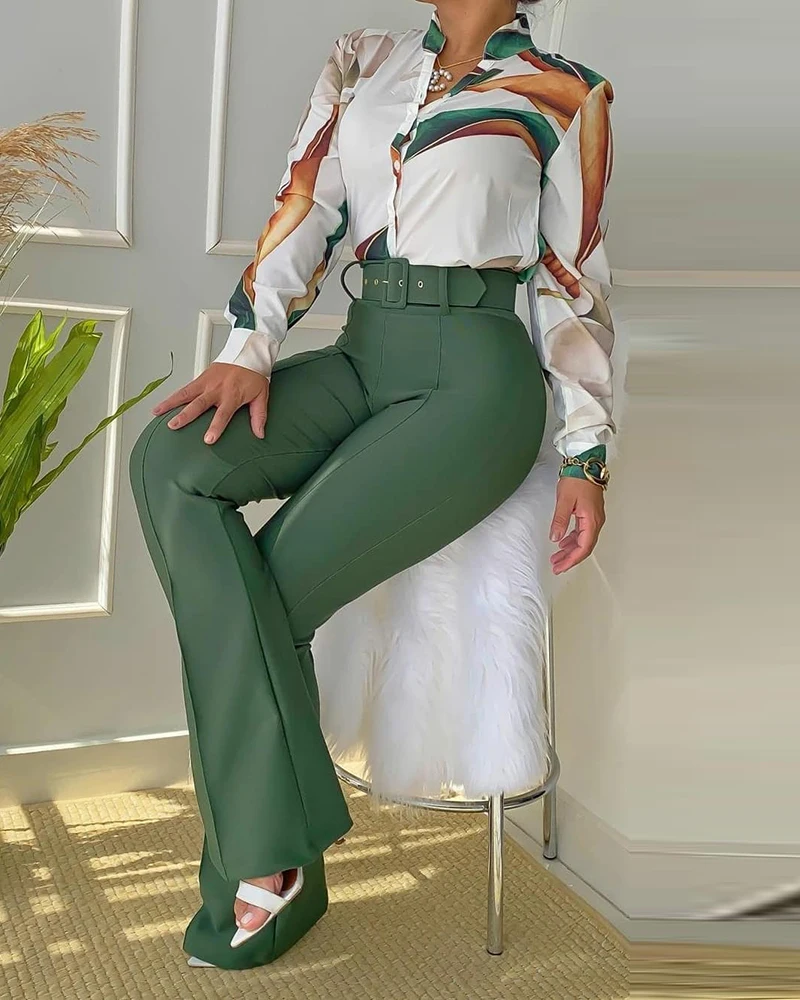 

2021 new autumn wide-leg straight-leg pants solid color + printed stand-up collar shirt Korean fashion female commuter suit