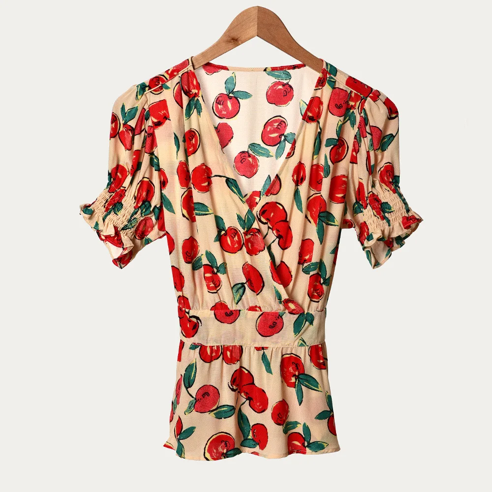 

Women Shirt Spring / Summer 2020 Apple-print V-neck Short Shirt