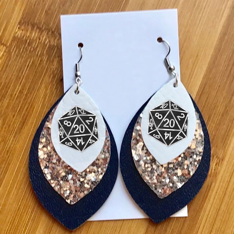 

Endless Dice D20 Teardrop Earrings Glitter Stripe Stacked Faux Leather Earrings Lightweight Leaf Drop Earrings