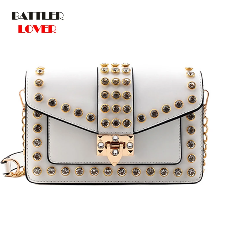

Rivet Square Flaps for Women 2021 Summer High Quality Leather Design Handbag and Purse Diamond Lock Chain Shoulder Messenger Bag