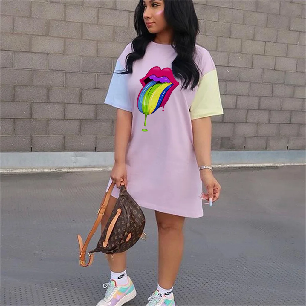 

Solid-Color Block Lip Print Short Sleeves Fashion Loose Women Dress 2020 Summer European and American Hot Selling