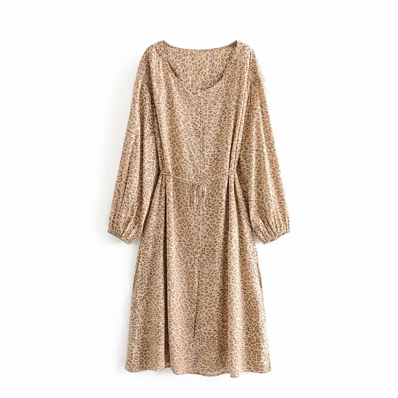 leopard Винтажное шикарное женское платье happie с леопардовым принтом, на шнуровке, Пляжное богемное платье макси, женское платье с длинным рукавом из вискозного хлопка, богемное платье vestidos - Цвет: leopard