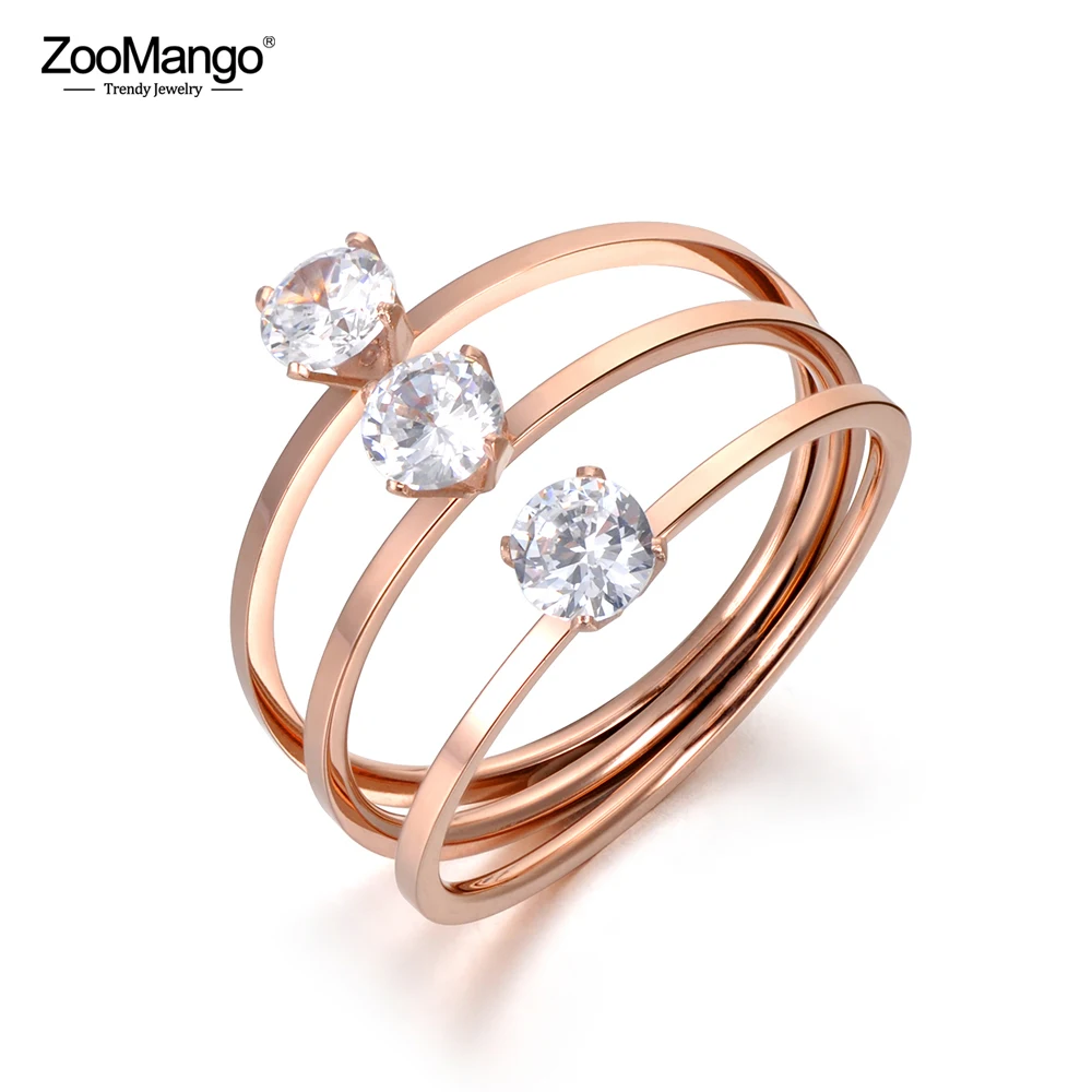 ZooMango Rose Gold Color Engagement 3 Layers CZ Crystal Finger Rings For Women Girls Wedding Rings Anillos Body Jewelry ZR18038