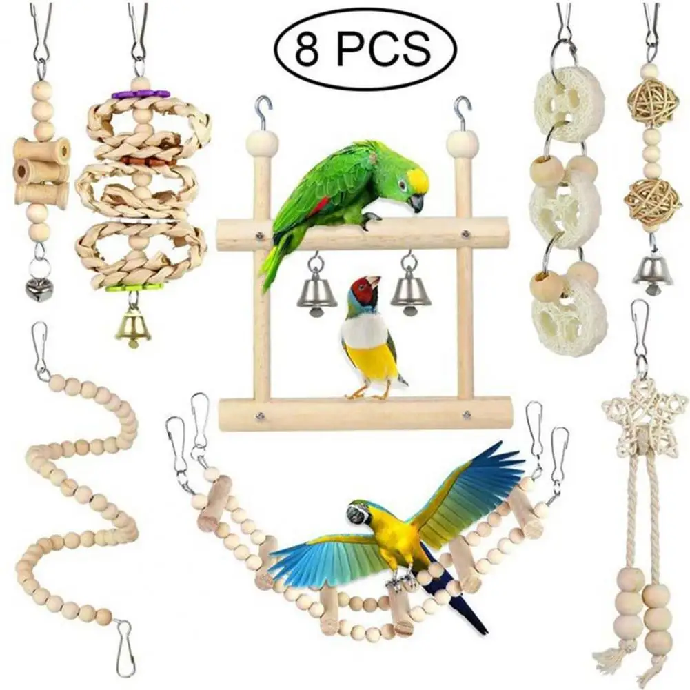 

8Pcs/Set Funny Pet Bird Toy Creative Multifunctional Wooden Beads Ball Bell Swing Chew Wood Hanging Parrot Cage Toys for Garden