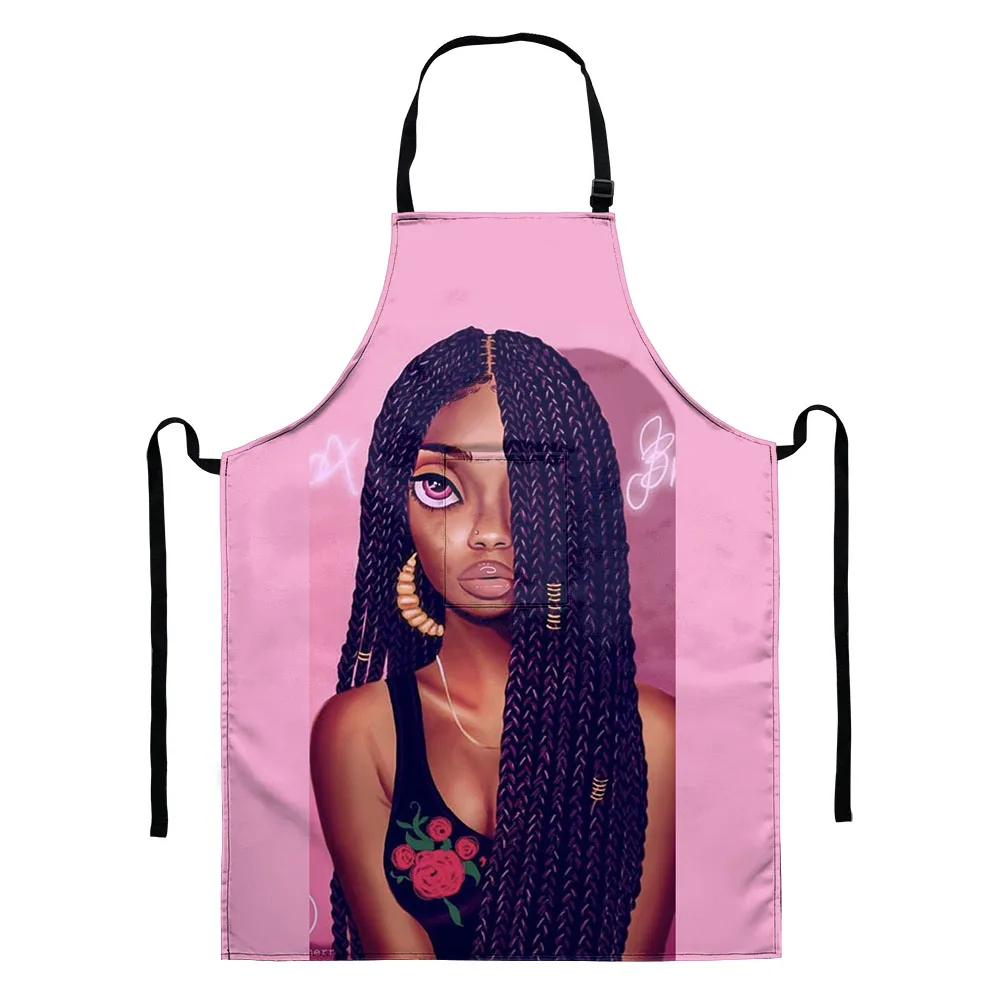 

Personality Black Girl Art Printing Unisex Cooking Cleaning Aprons with Pocket Sleeveless Polyester Apron for Home and Kitchen