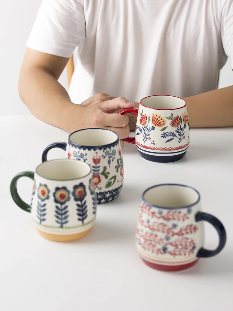 

Japanese Coffee Mug Creative Ceramic Unique Large Flower Milk Printing Hanlde Vintage Cup Kubek Do Kawy Couple Gifts EC50BZ
