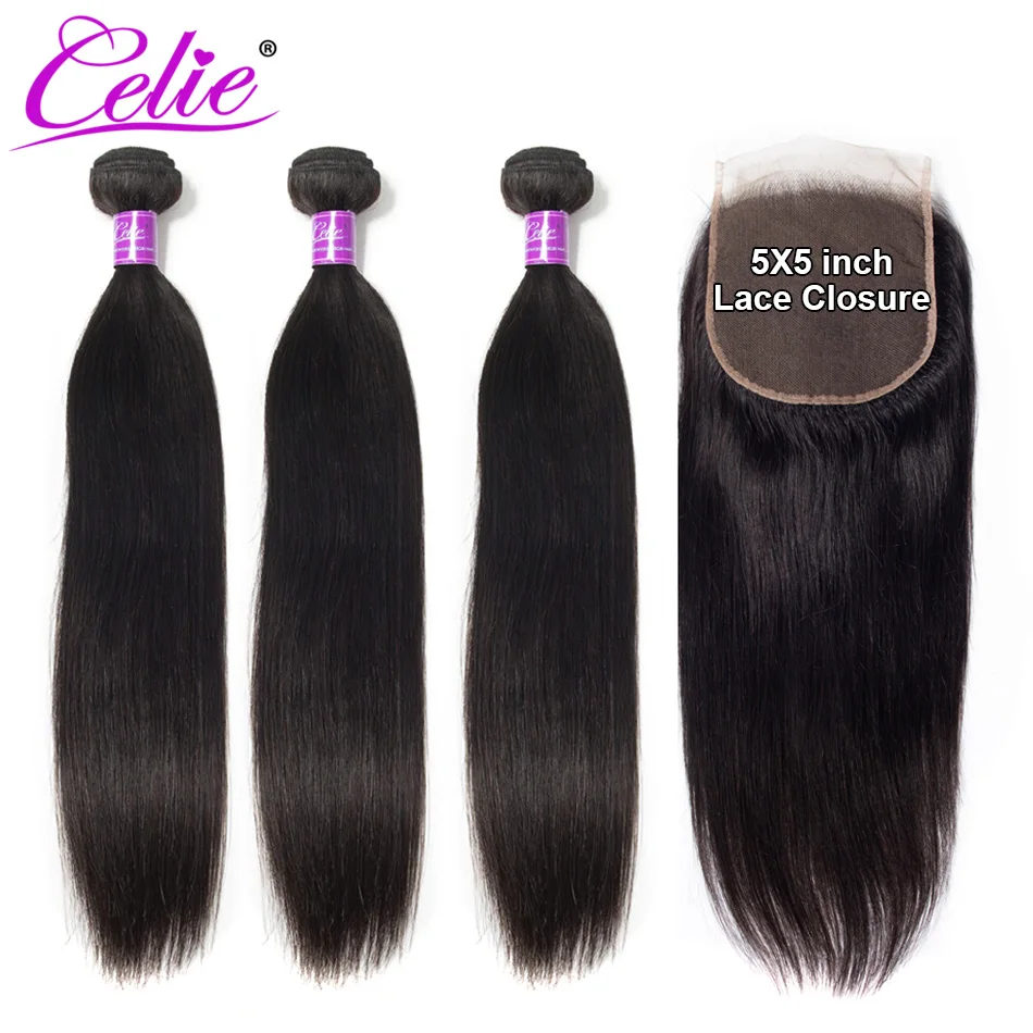 Волосы Celie 5x5 с пряди, человеческие волосы Remy, 3 пряди с застежкой, бразильские Прямые пряди волос с застежкой - изображение