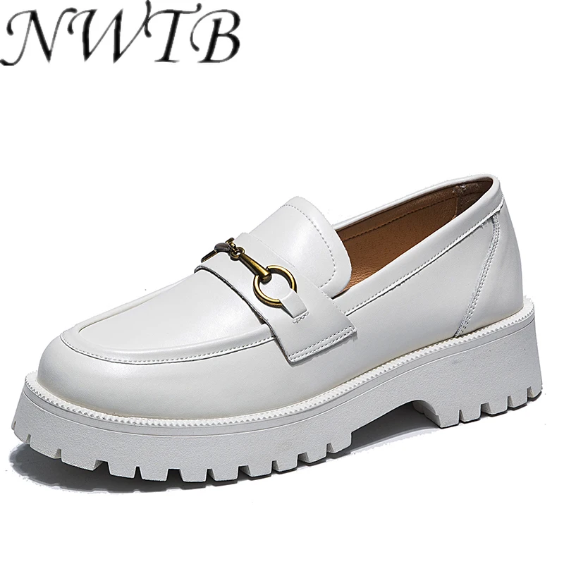 

Женские кожаные лоферы Genuel, повседневные туфли на толстой подошве, с круглым носком, весна-осень 2021, обувь металлическая пряжка