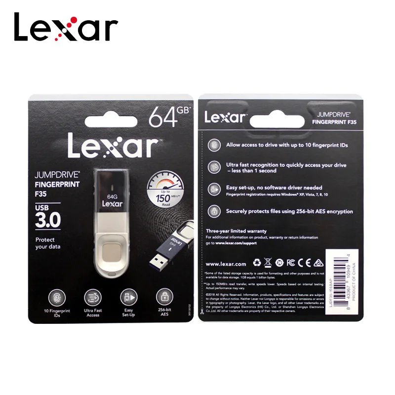 Флэш накопитель Lexar Jumpdrive F35 USB 3 0 32 ГБ 64 128 256 флэш 150 для ПК со сканером отпечатков