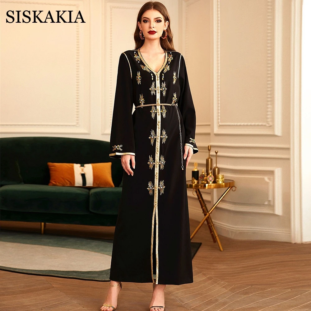 

Siskakia Middle Eastern Party Festive Abaya Dress for Women Luxury Arabic Oman Dubai Turkey Moroccan Caftan Diamond Robe 2021