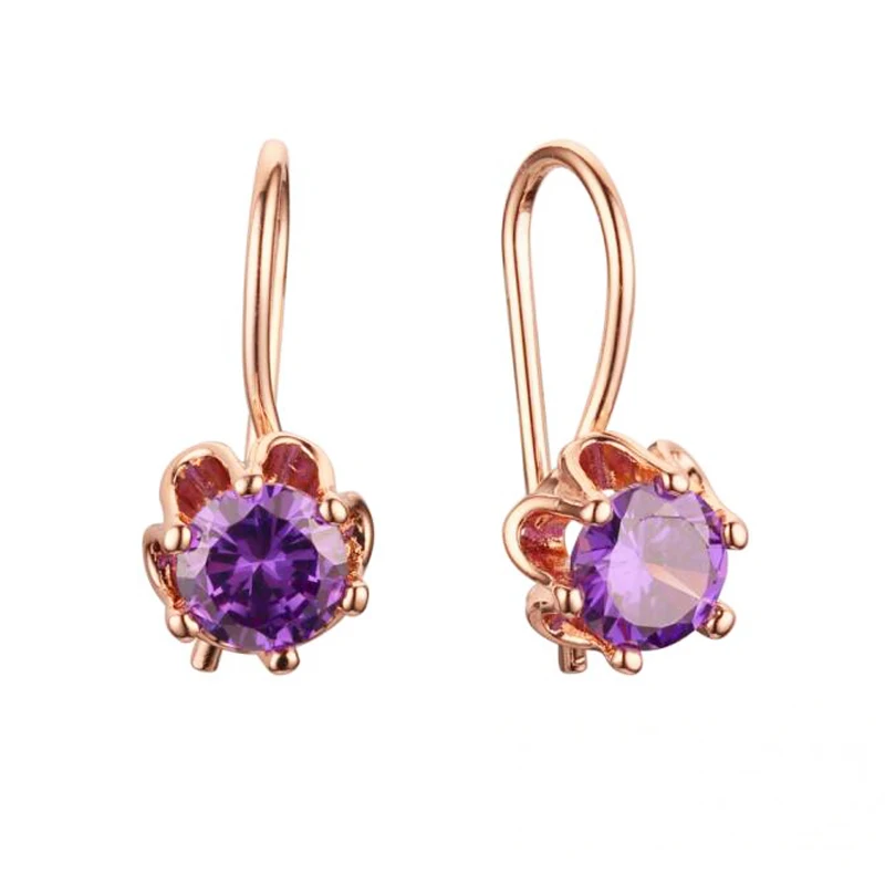 Женские серьги-подвески с фиксатором фиолетового/белого цвета розовое золото 585