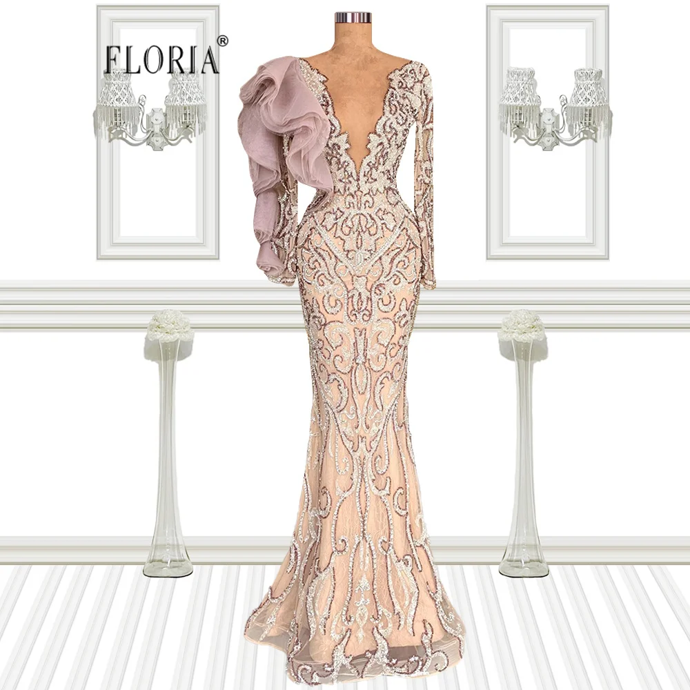 

V Neck Mermaid Evening Dresses Long Sleeves Prom Party Gown 2022 Women Luxury Sexy Floor Length Dress Vestido De Festa
