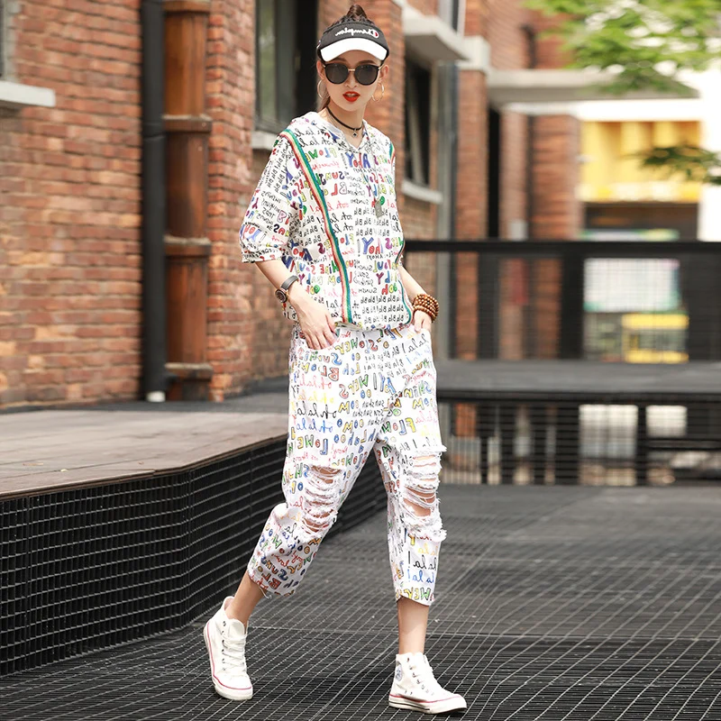 値段 ツーピースセットスポーツトラックスーツ女性原宿パーカー共同ordラウンジジュアルウェアスウェットスーツ2破壊デニムジーンズをリッピング個