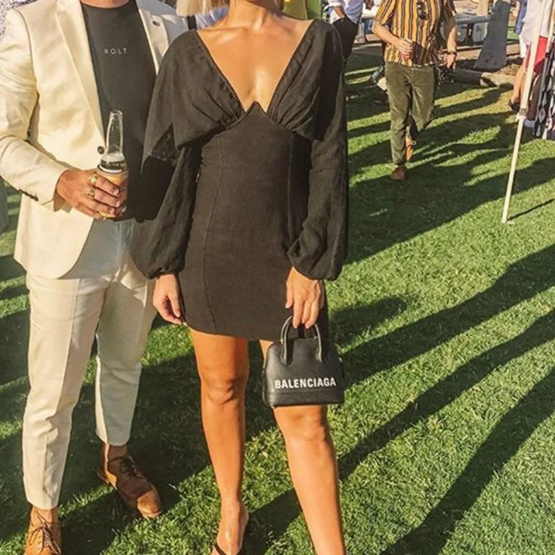 

Women's Mini Dress 2020 Autumn Solid Color Sexy Deep V-neck Lantern Long Sleeve Vestido Slim Bodycon Patchwork Club Wear Dresses