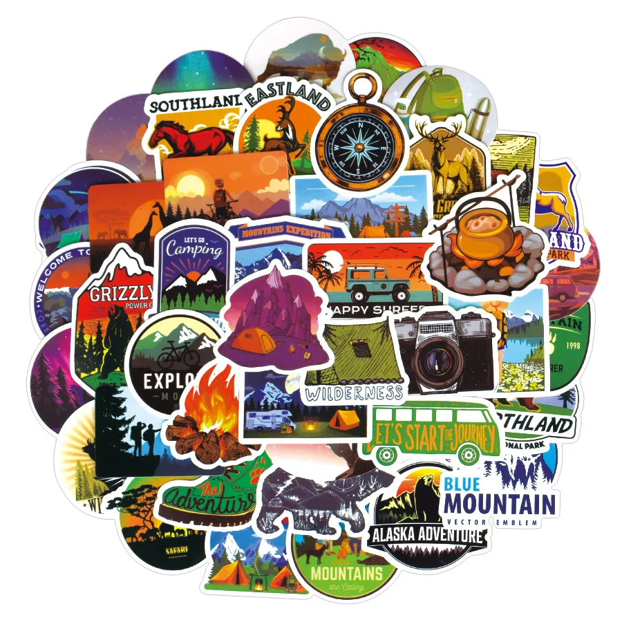 50 PCS Adventure Camping Stickers Outdoor Landscape Climbing Travel Waterproof Sticker for DIY Cup Suitcase Laptop Bicycle Car | Игрушки и