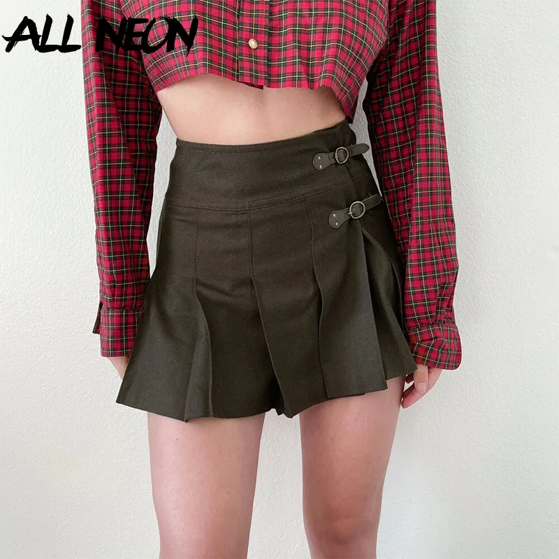 

ALLNeon Dark Academia Aesthetic Basic Pleated Skirt Y2K Fashion High Waist Egirl Brown Mini Skirts with Leather Buckles Preppy