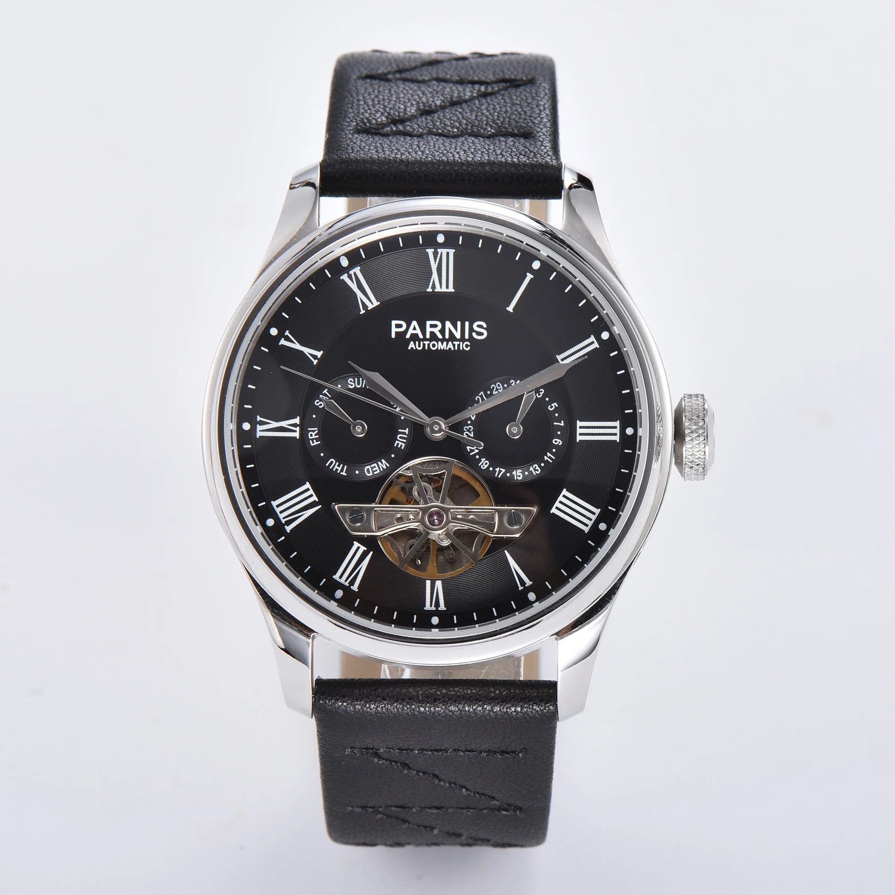 

Parnis 42.6mm Leather strap Skeleton Men Watch Automatic black dial Silver Case Week Display Tourbillon Mechanical Men's Watches