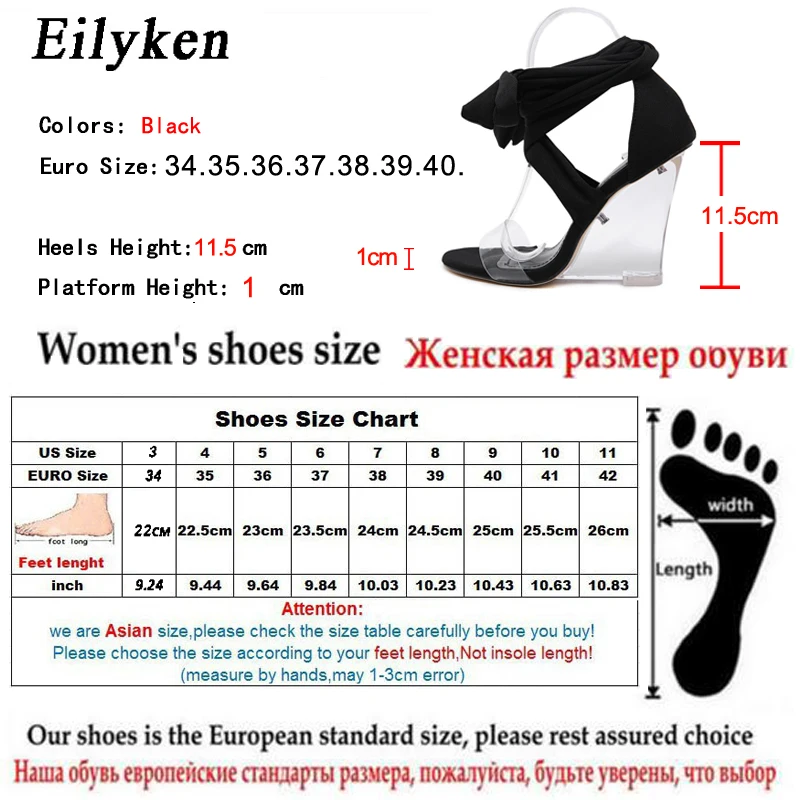 EilyKen/женские босоножки черного цвета размера плюс 35-41 летние женские Босоножки с открытым носком на прозрачной танкетке из ПВХ на высоком каблуке со шнуровкой на лодыжке