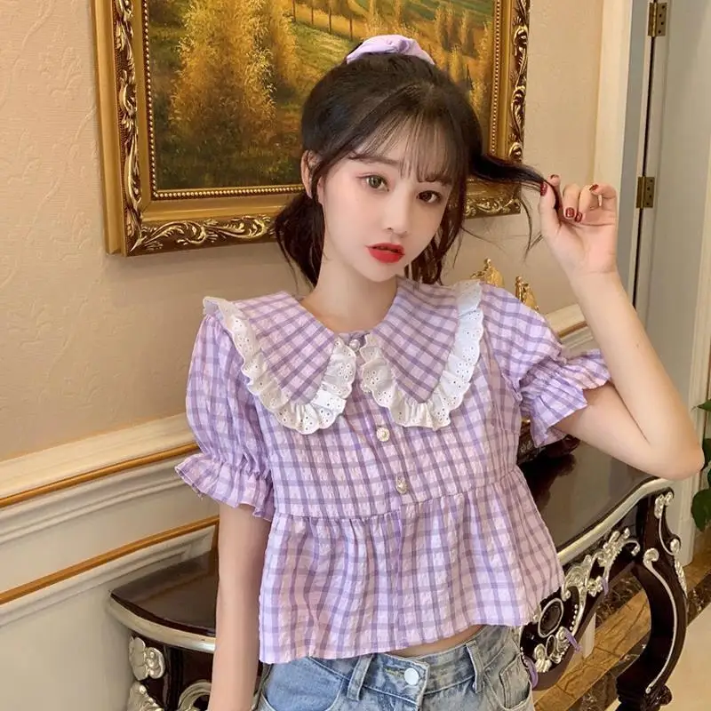 

Cotday Retro Plaid Blouse Puff Sleeve Women Korean Summer New Arrival 2021 French Loose Peter Pan Collar Vintage Female Ruffle