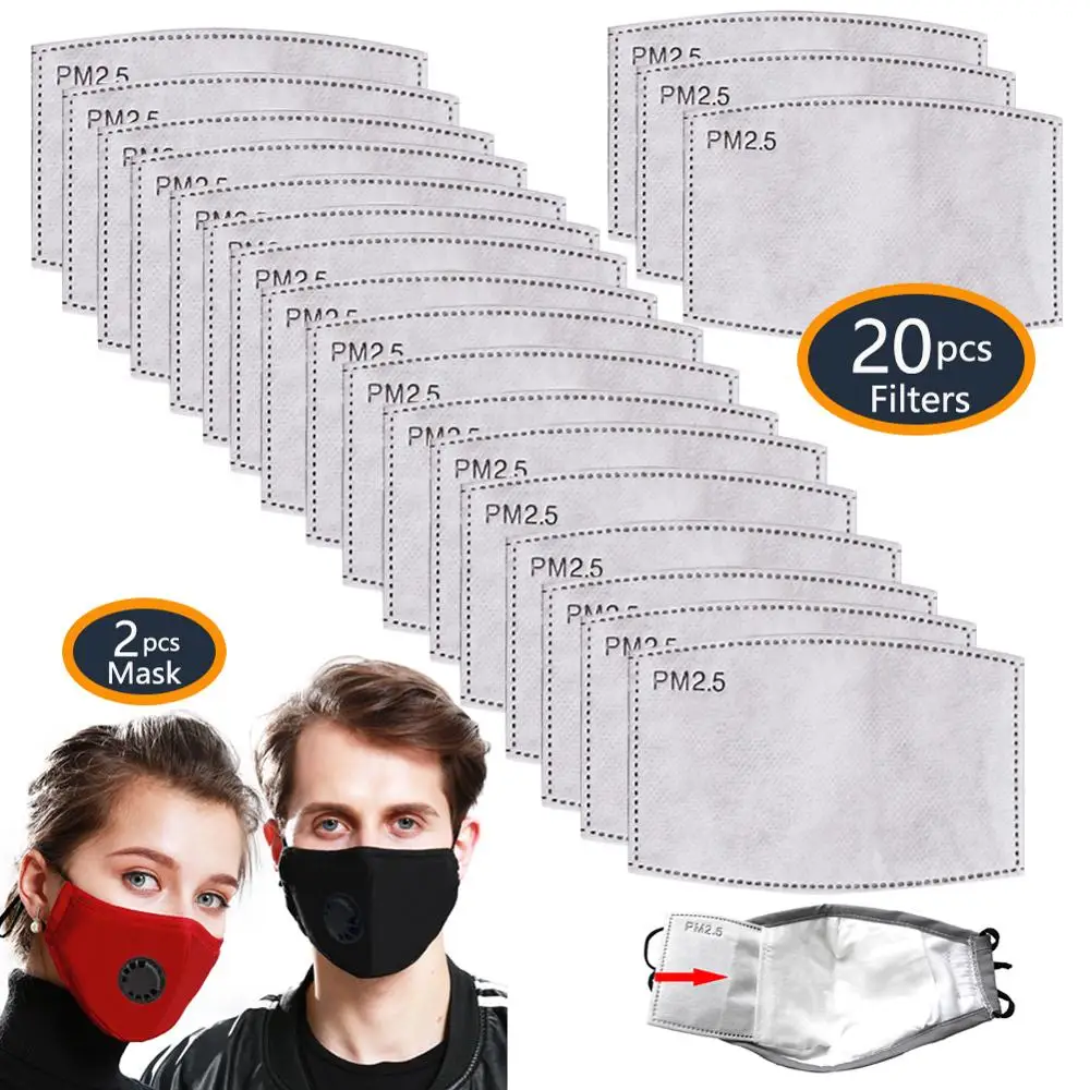 

2 Masks 20 PCS Filters Cotton PM2.5 Activated Carbon Mask Washable Reusable Three-Proof Face Mask Dust Masks Anti Pollution