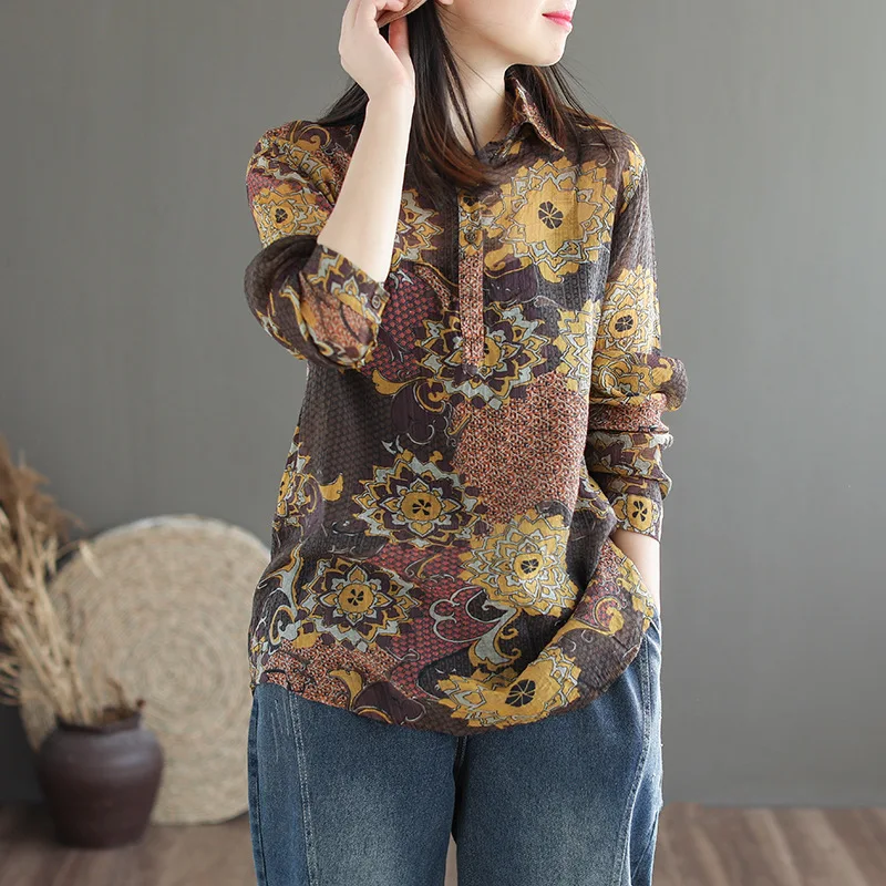 Рубашка женская в этническом стиле из хлопка и льна с винтажным принтом тонкая