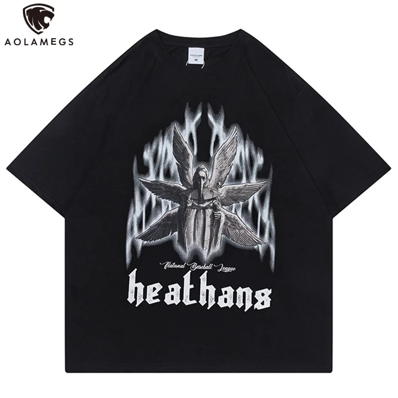 

Aolamegs T-shirt Men Alien Flame Printed O-neck Short Sleeve Tee Diablo Style Harajuku Baggy Casual High Quality Tops Streetwear
