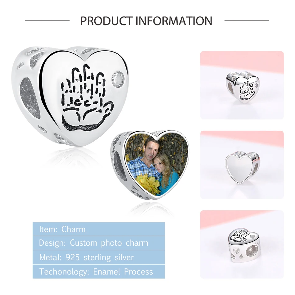 100% 925 Sterling Silver Baby Hand Heart Charms Custom Photo Born Beads Fit Original Charm Bracelet DIY Jewelry | Украшения и