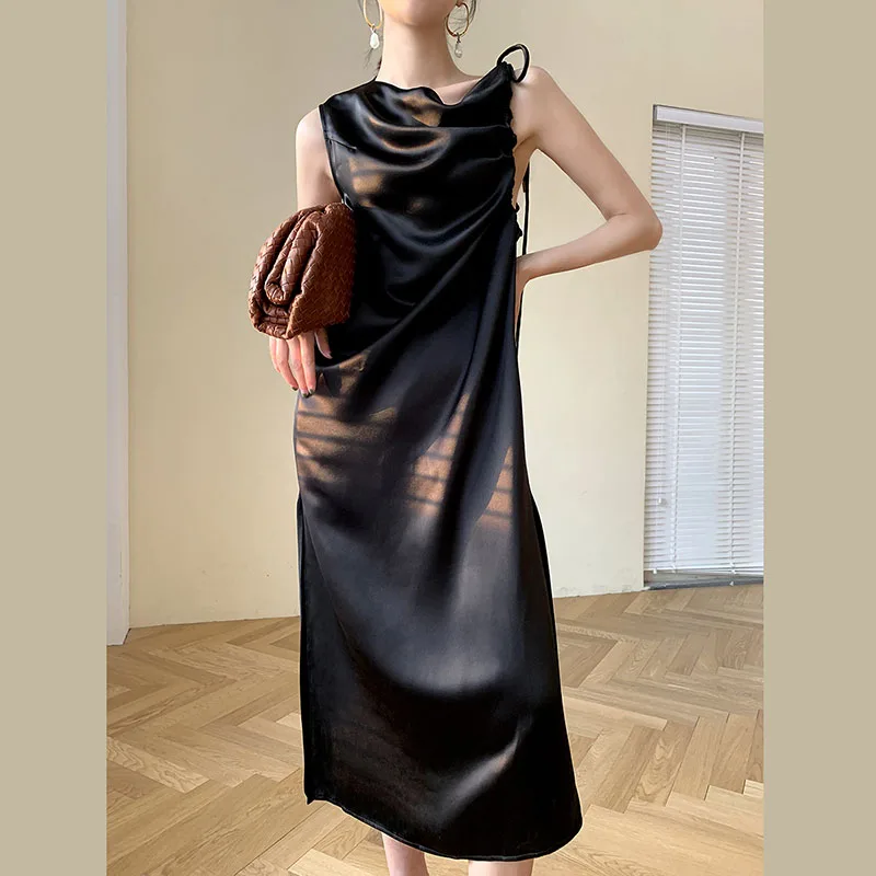 

UKCNSEP Casual Casual LOOSE Shirt Dress 2021 Summer Women Shirring Tank Black Maxi Dress Robe