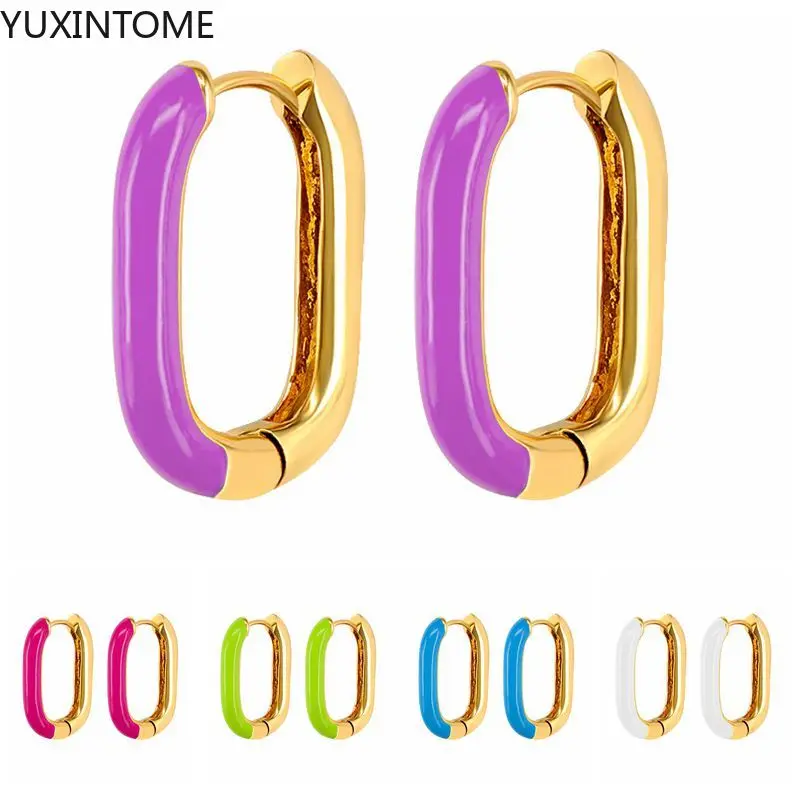 

925 Sterling Silver Ear Needle Geometric Rectangle Hoop Earrings Candy Color Enamel Earrings for Women Fashion Jewelry Gifts