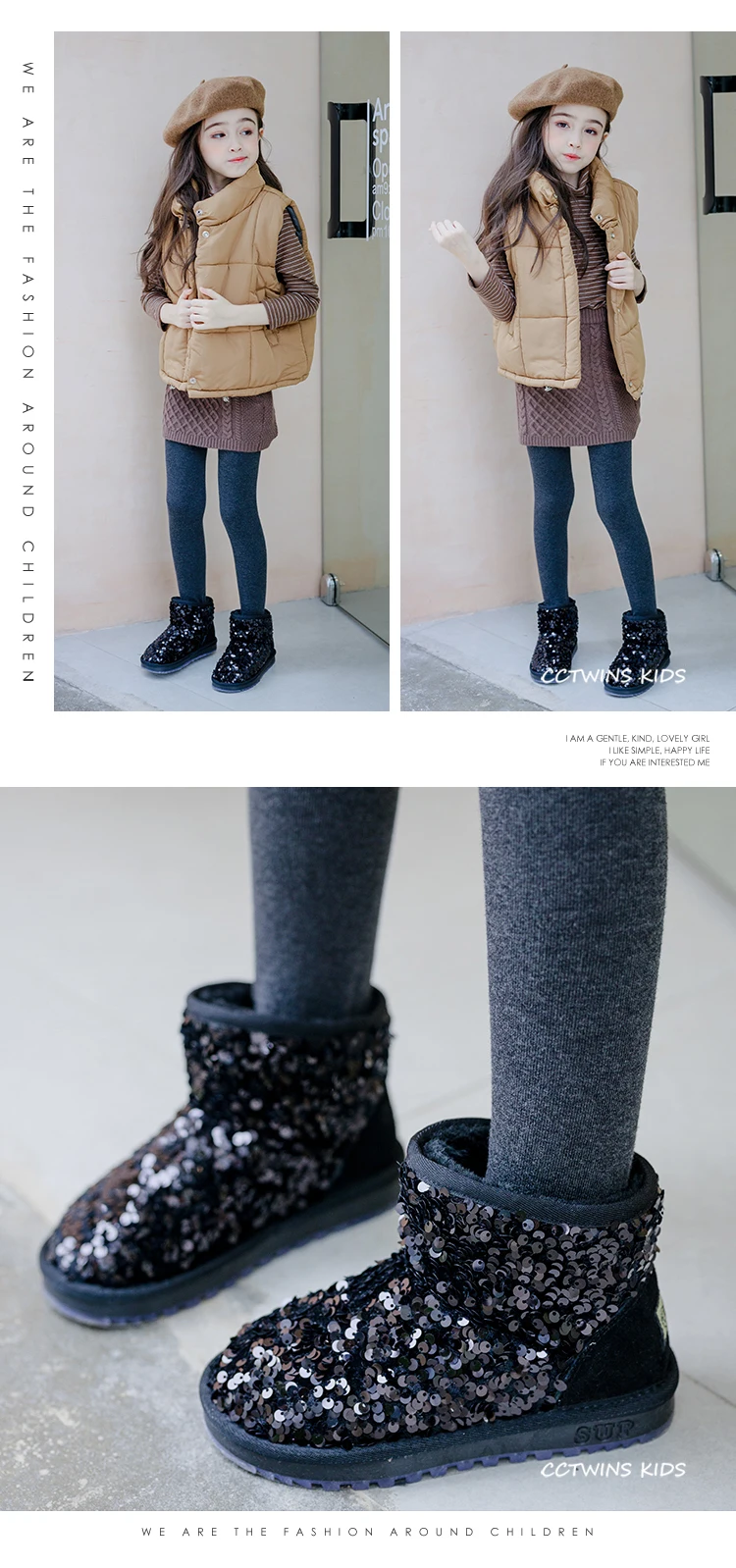 CCTWINS Kids Shoes Winter Girls Fashion Sequin Snow Boots Children Black Sparkly Short Boot for Toddler Glitter Shoe SNB095