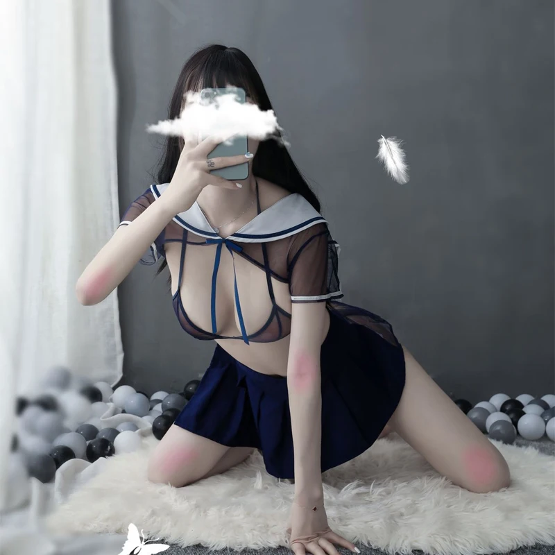 

Sexy School Girl Uniform See Through Lingerie Ultra Short Skirt Erotic Cosplay Slutty Costumes Sailor School Girl Outfit