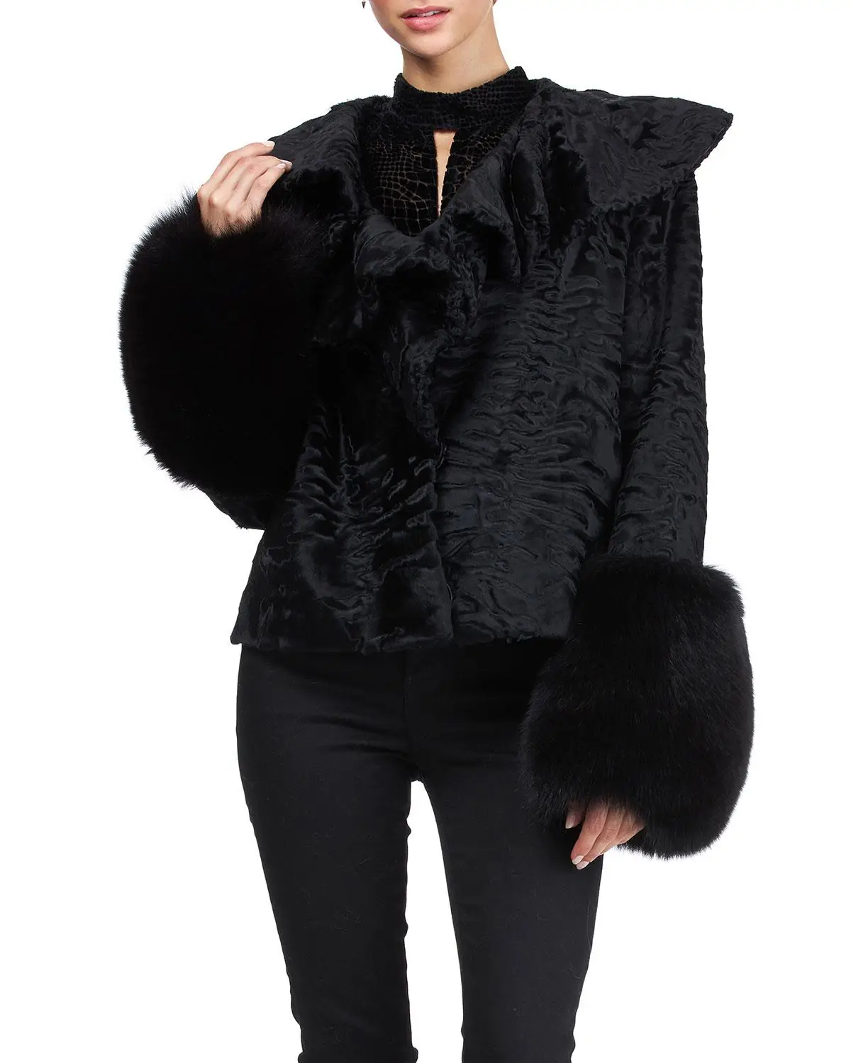 Zirunking Real Fur Coat dyed Karakul Lamb Jacket With Mink Luxury Noble Skin Short Classic Ruffled Collar Women Outwear ZC2020
