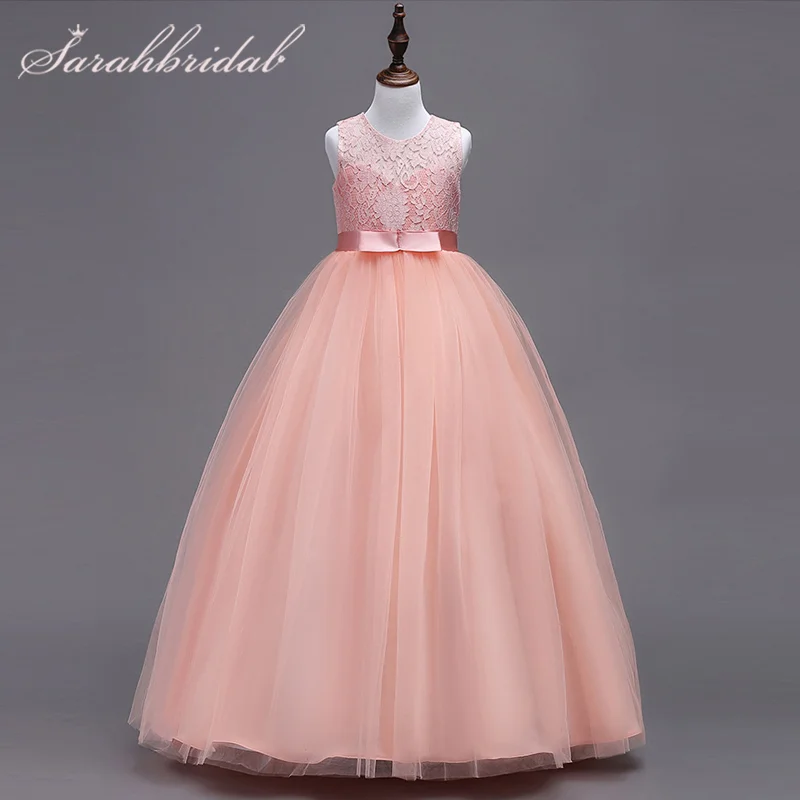 

New Simple 2021 Lace Long Flower Girls Dresses Pink High Quality Party Princess Gowns for Children Birthday Kids Clothing HTF022