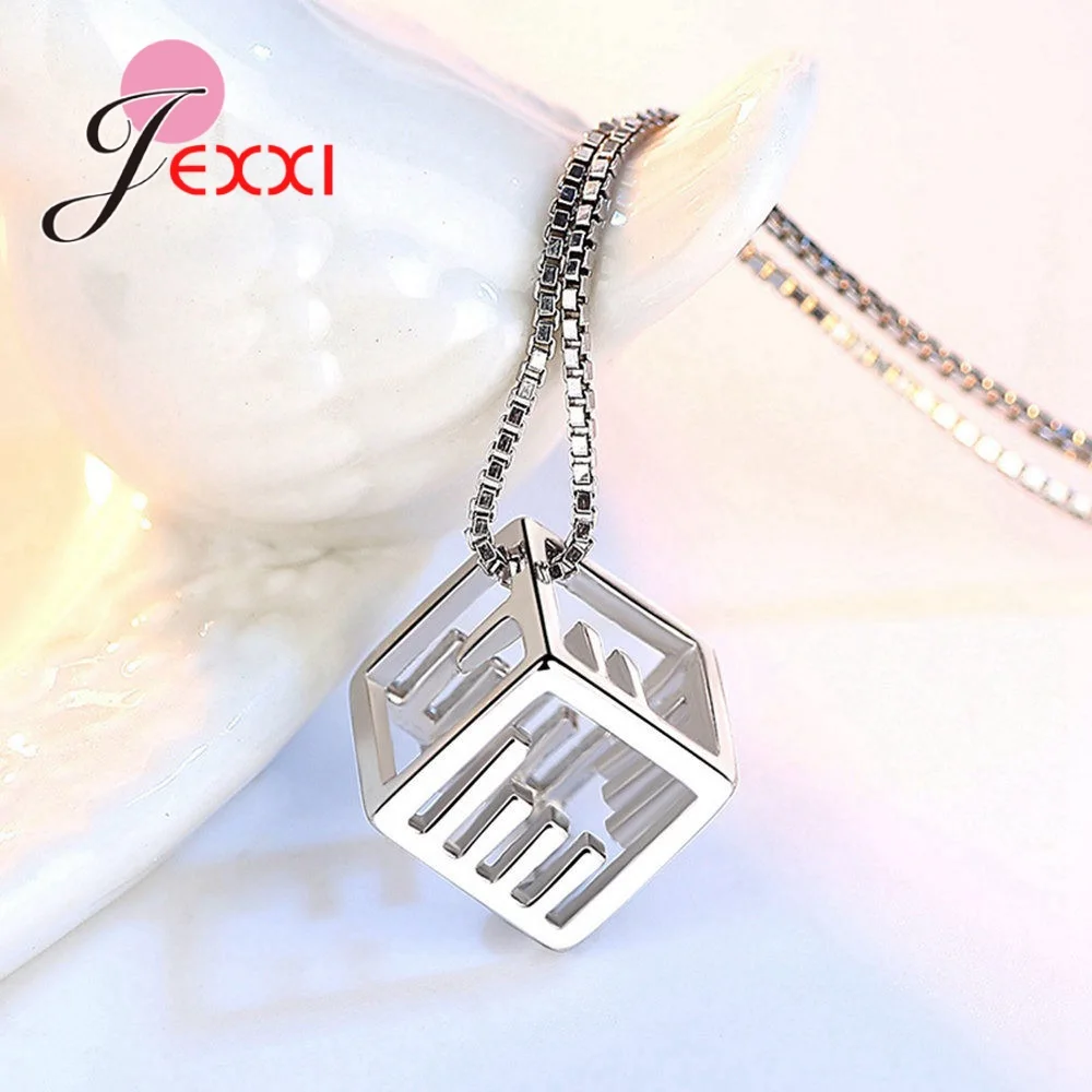

Vintage Hollow Cube Pendants Necklaces Fashion 925 Sterling Silver Chain Choker Necklace CZ Crystal Jewelry for Women