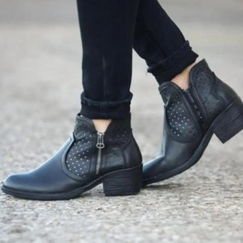 Womens Low Block Heel Western Zipper Ankleautumn Winter Boots   Boots-ladies Booties Shoes Outdoor Shoes Woman