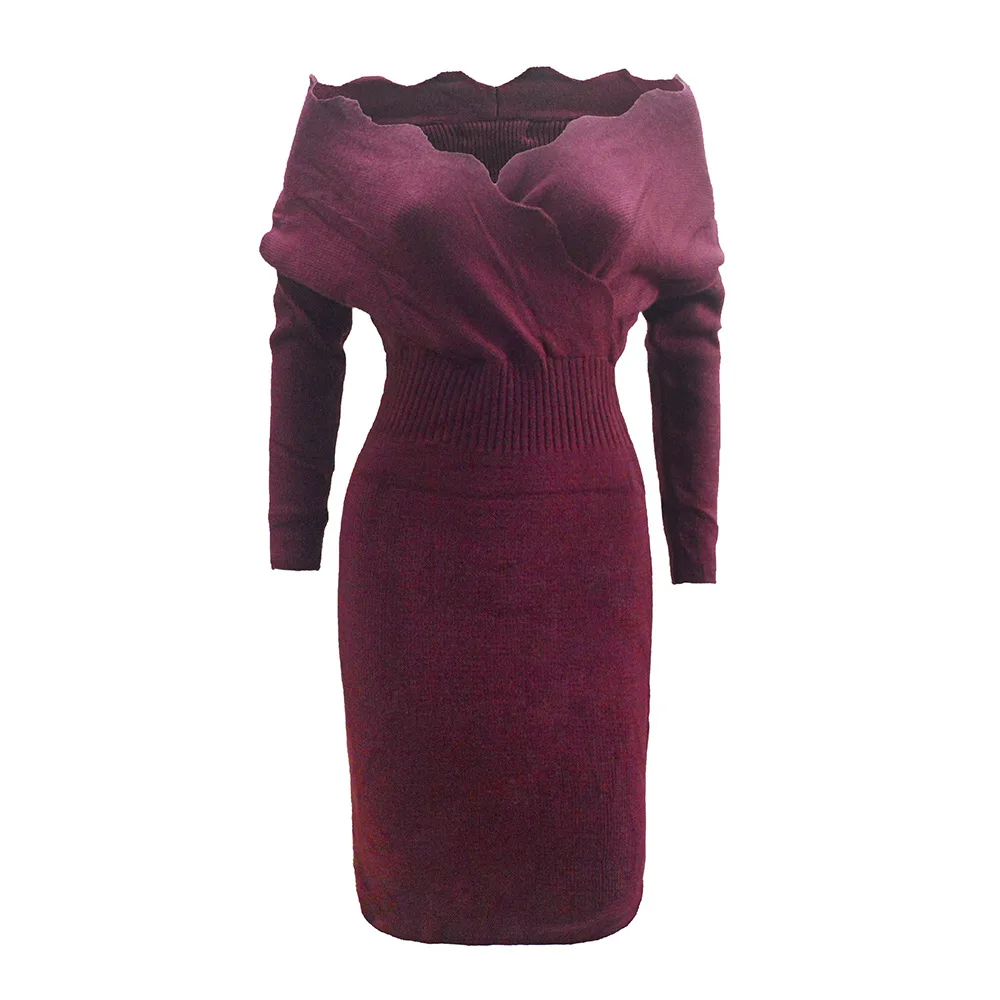 

Women Autumn Winter Knitted Dress Female Slim V-neck Long-sleeve Sexy Knee-length dress 8-5