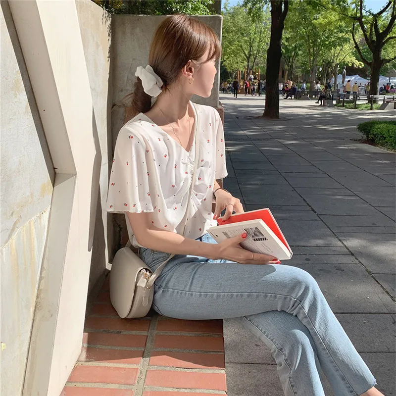 Рубашка Новая Летняя женская повседневная с v-образным вырезом винтажная блузка