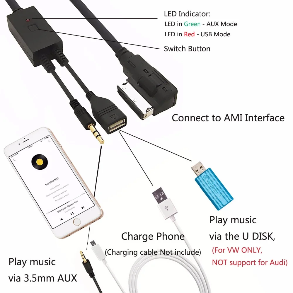 AUX Audio Cable MDI AMI MMI Interface USB Jack 3.5mm Male for Audi A6L A8L Q7 A3 A4L A4 A6 A5 A1 S5 Q5 B6 B8 C6 B7 C7 |