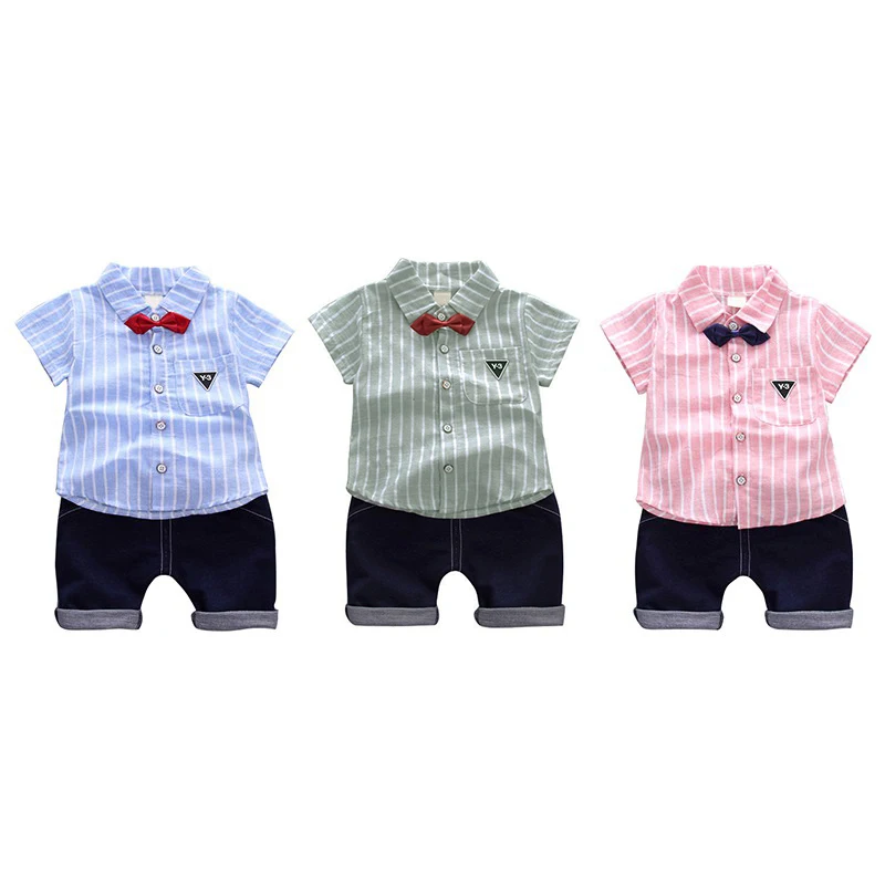 Летний комплект одежды для маленьких мальчиков футболка в полоску с галстуком