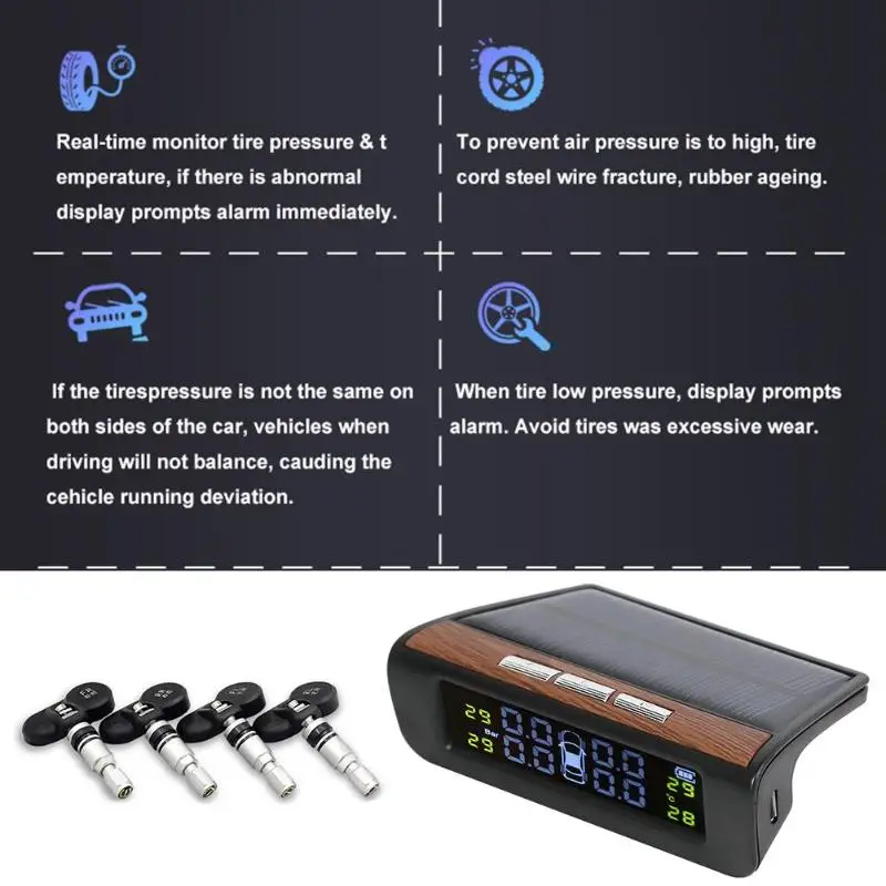 

AN-06 Solar Car TPMS Auto Tire Pressure Monitoring System with 4 Internal / External Sensors Automobiles Security Alarm Device